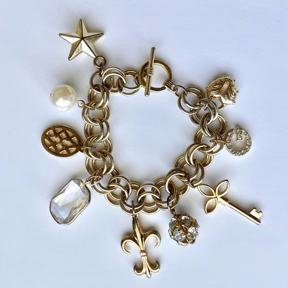 Vintage Gold Chain Charm Bracelet Lock & Key Pearl